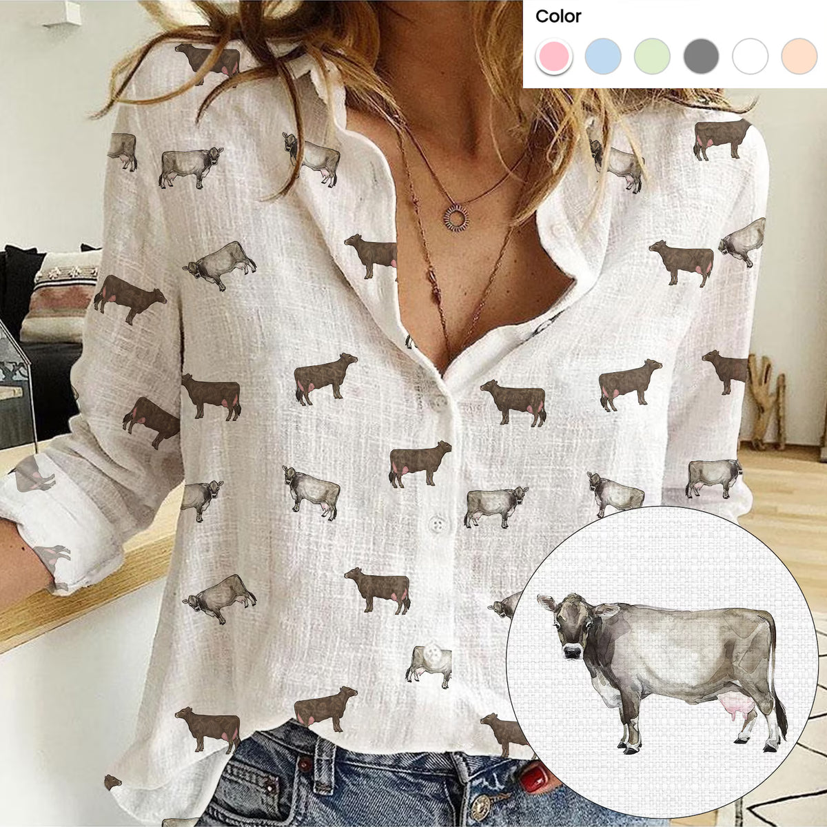 Brown Swiss Cattle Icon Pattern Women Casual Shirts For Farmers