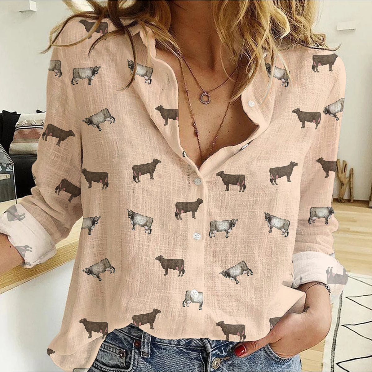 Brown Swiss Cattle Icon Pattern Women Casual Shirts For Farmers