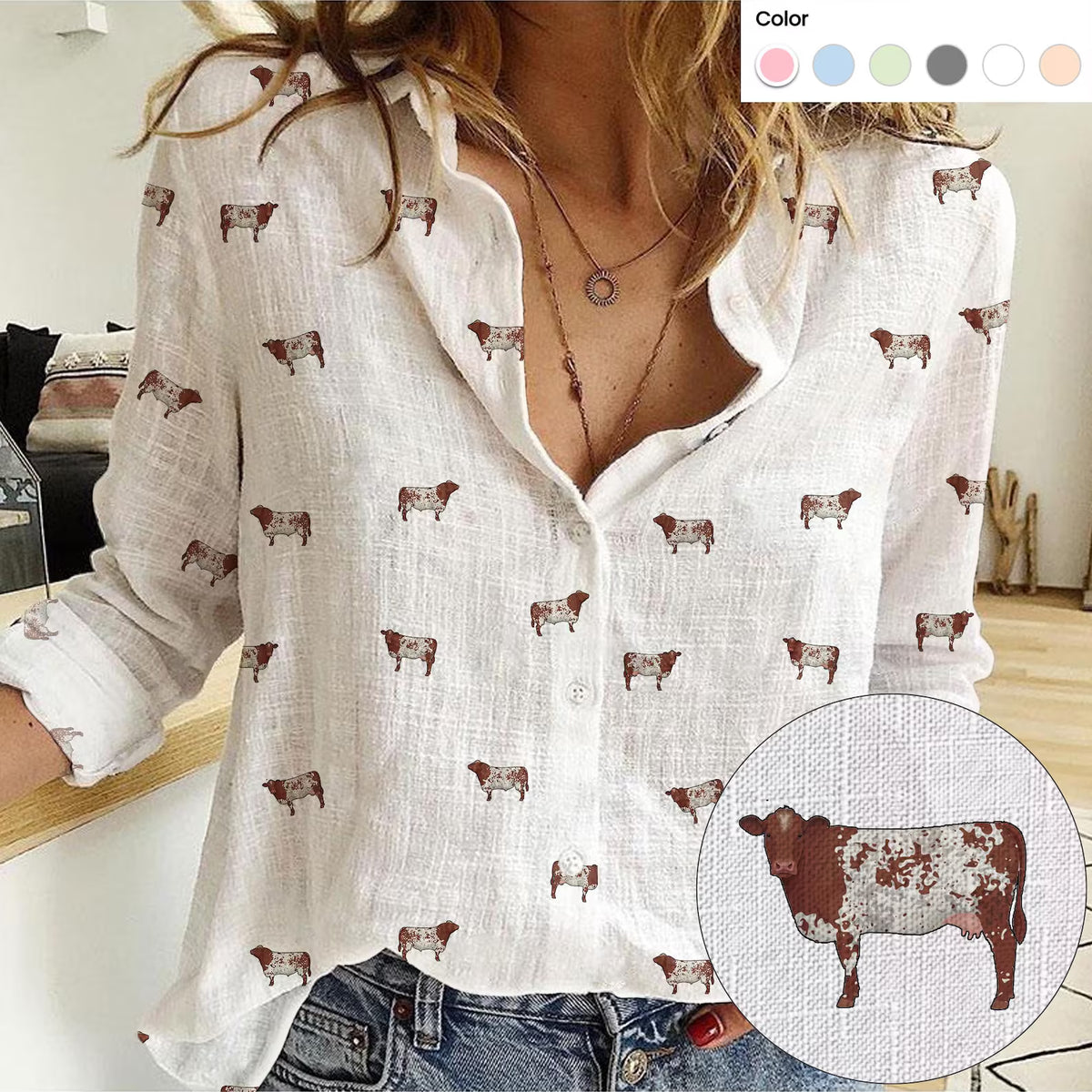 Shorthorn Cattle Icon Pattern Women Casual Shirts For Farmers