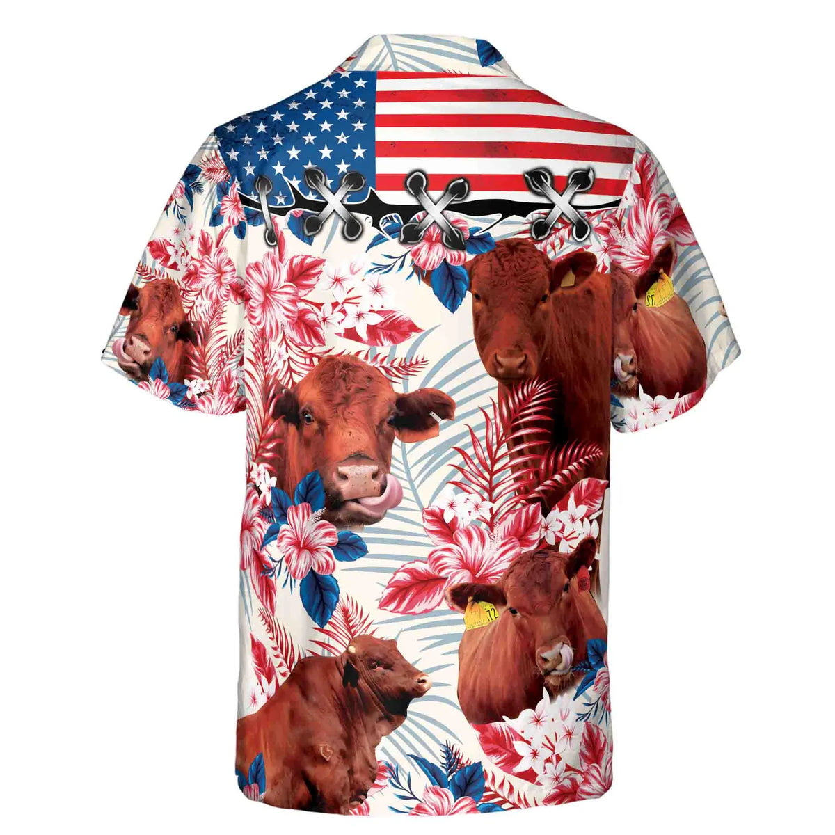 Red Angus Cattle American Flag Hawaiian Shirt for Men - Patriotic Farm Rancher Gift