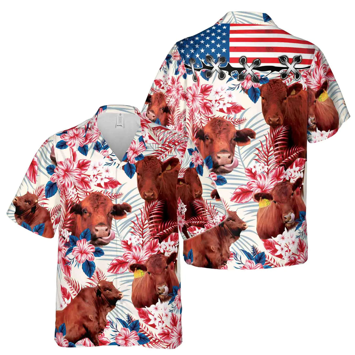 Red Angus Cattle American Flag Hawaiian Shirt for Men - Patriotic Farm Rancher Gift