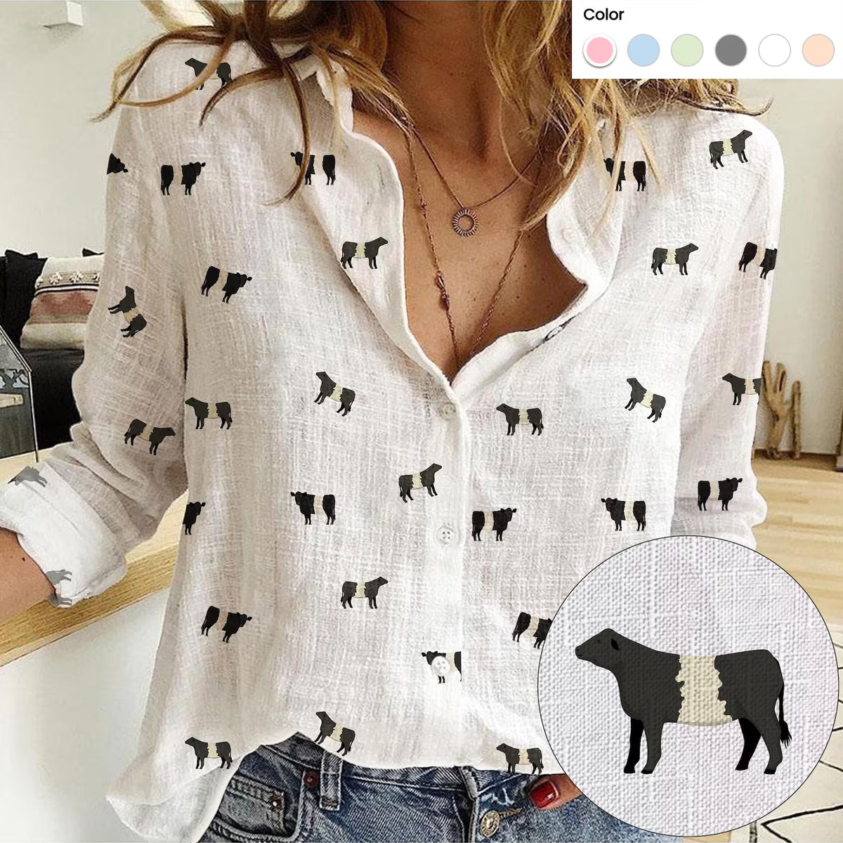 Belted Galloway Cattle Icon Pattern Women Casual Shirts For Farmers