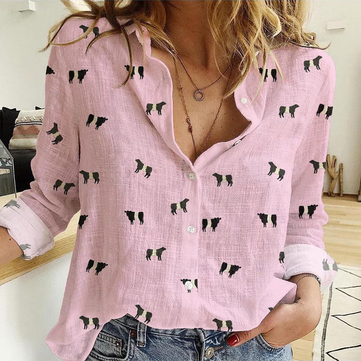 Belted Galloway Cattle Icon Pattern Women Casual Shirts For Farmers