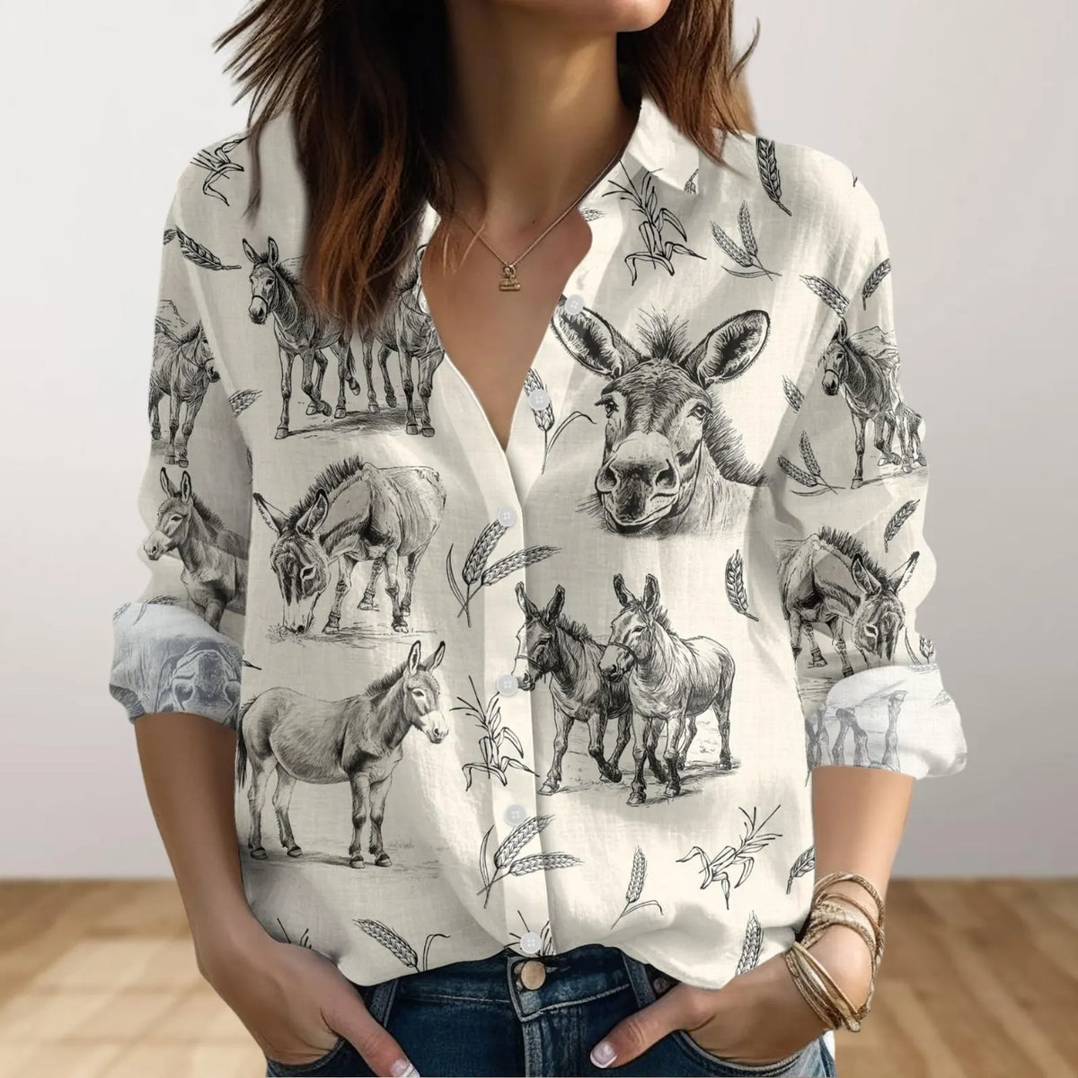 Donkey Women's Casual Shirt – Vintage Sketch Donkey Wheat Pattern Long Sleeve Button Down | Donkey Lover Gift