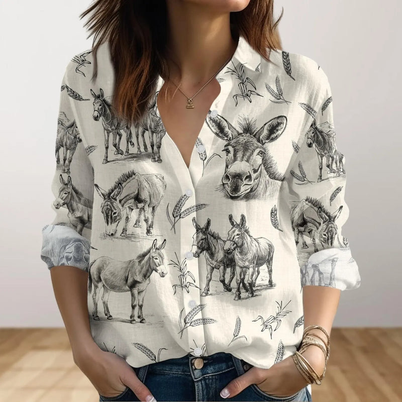 Donkey Women's Casual Shirt – Vintage Sketch Donkey Wheat Pattern Long Sleeve Button Down | Donkey Lover Gift