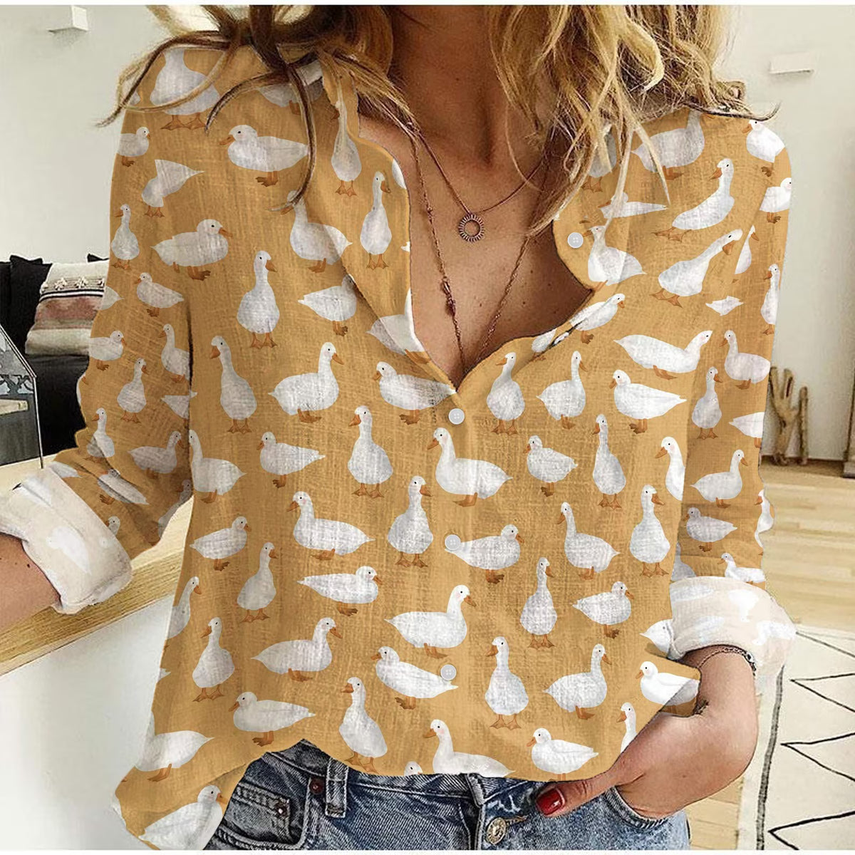 Duck Women's Casual Shirt – Cute White Duck Mustard Yellow Long Sleeve Button Down | Duck Lover Gift