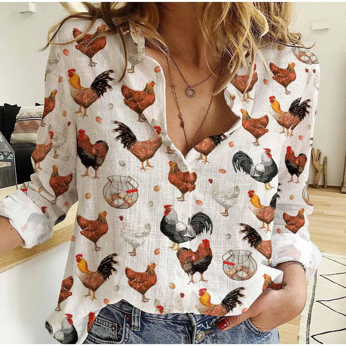 Chicken Women's Casual Shirt – Backyard Chicken Rooster Egg Basket Farmhouse Long Sleeve Blouse | Chicken Lover Gift