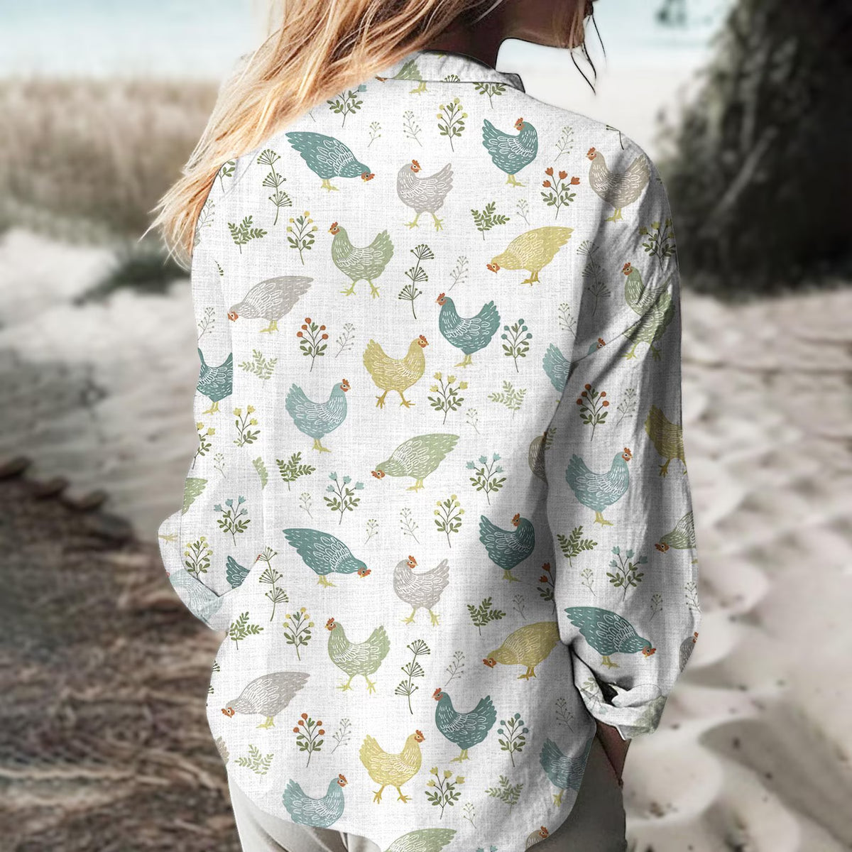 Folk Art Chicken Women's Casual Shirt – Cute Hen Botanical Farmhouse Long Sleeve Button Down | Chicken Lover Gift