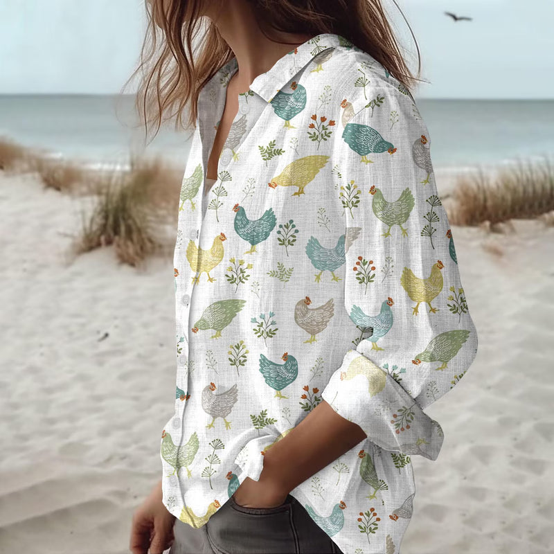 Folk Art Chicken Women's Casual Shirt – Cute Hen Botanical Farmhouse Long Sleeve Button Down | Chicken Lover Gift