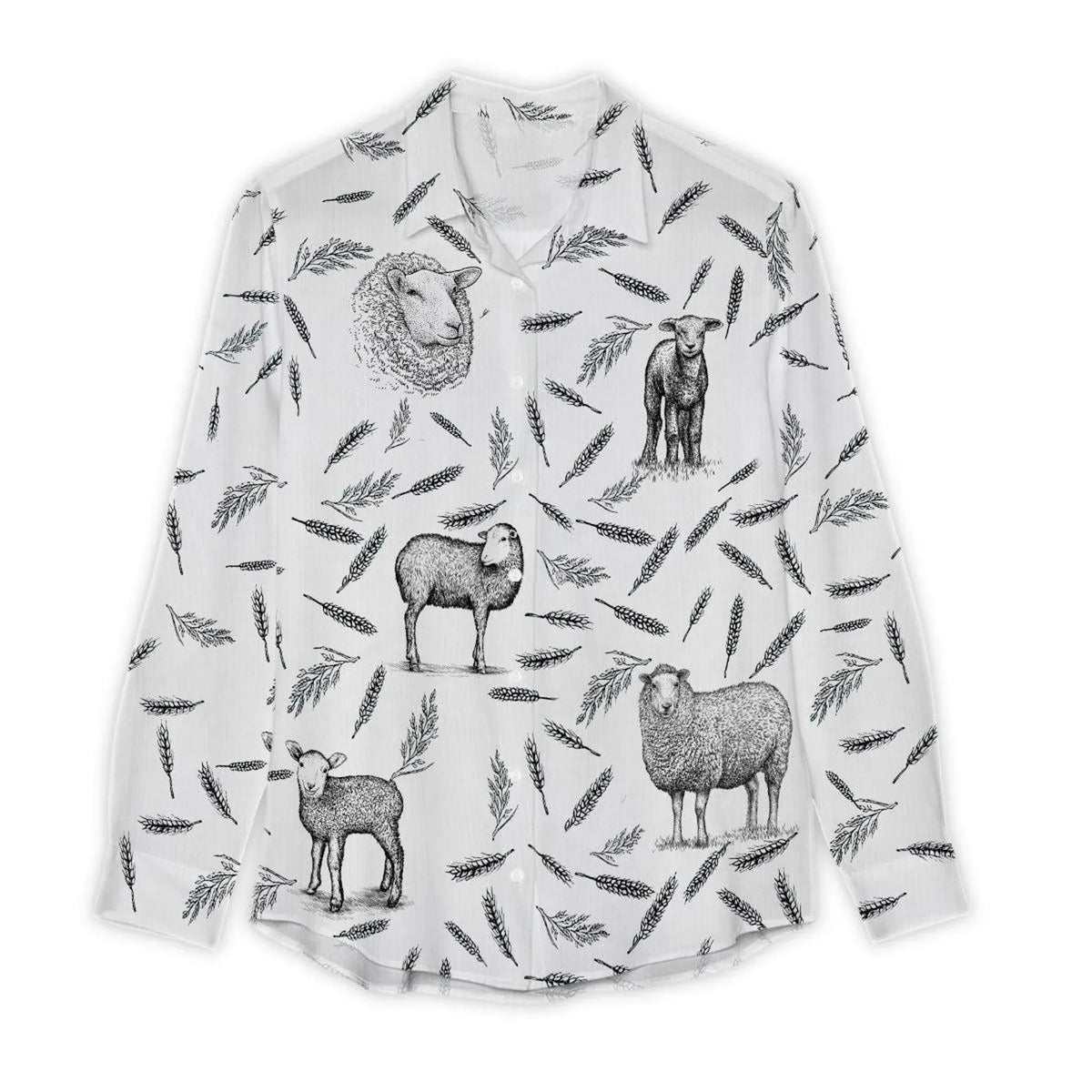 Sheep Women's Casual Shirt – Vintage Pencil Sketch Sheep Lamb Wheat Long Sleeve Button Down | Sheep Lover Gift