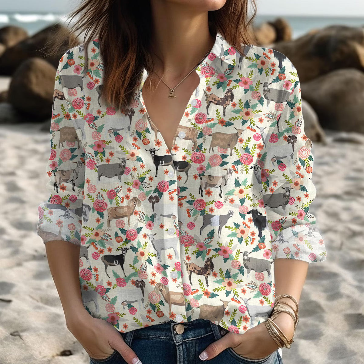 Goat Women's Casual Shirt – Mixed Goat Breeds Floral Rose Pattern Long Sleeve Button Down | Goat Mom Gift