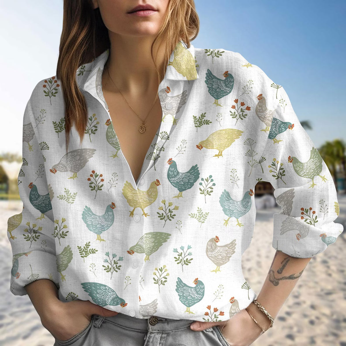 Folk Art Chicken Women's Casual Shirt – Cute Hen Botanical Farmhouse Long Sleeve Button Down | Chicken Lover Gift