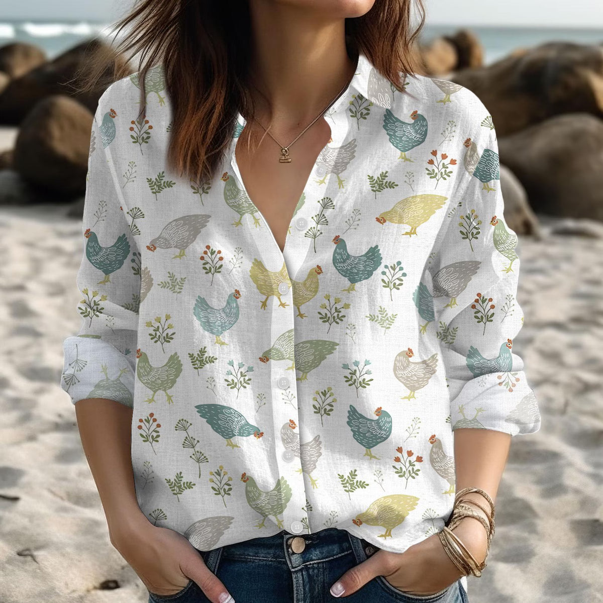 Folk Art Chicken Women's Casual Shirt – Cute Hen Botanical Farmhouse Long Sleeve Button Down | Chicken Lover Gift