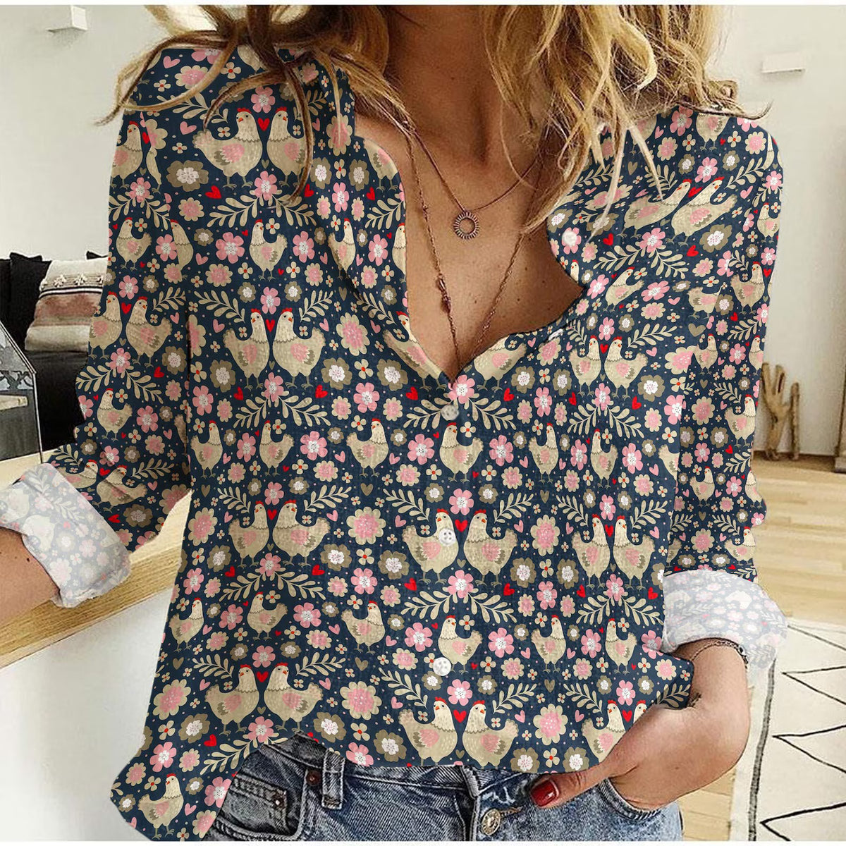 Chicken Women's Casual Shirt – Folk Art Hen Floral Heart Navy Long Sleeve Button Down | Chicken Mom Gift
