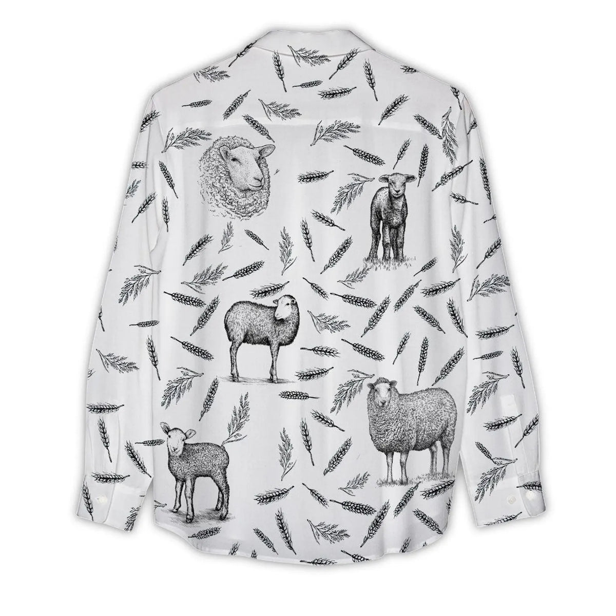 Sheep Women's Casual Shirt – Vintage Pencil Sketch Sheep Lamb Wheat Long Sleeve Button Down | Sheep Lover Gift
