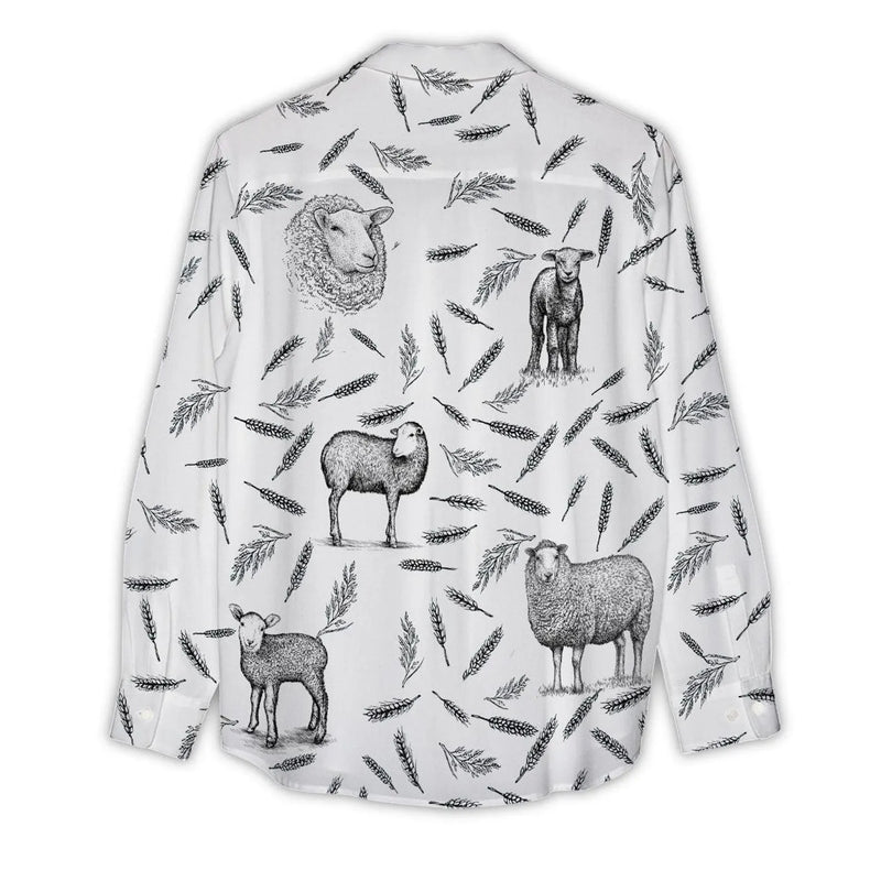 Sheep Women's Casual Shirt – Vintage Pencil Sketch Sheep Lamb Wheat Long Sleeve Button Down | Sheep Lover Gift