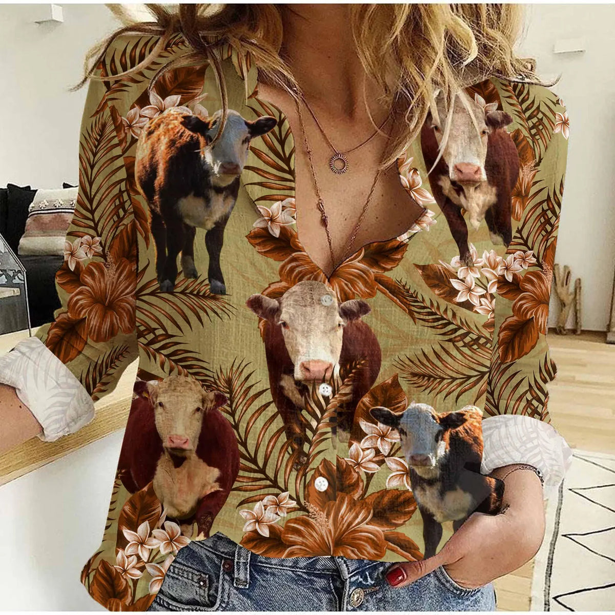 Hereford Cattle Women's Casual Shirt – Tropical Palm Plumeria Hereford Cow Long Sleeve Blouse | Cattle Rancher Gift