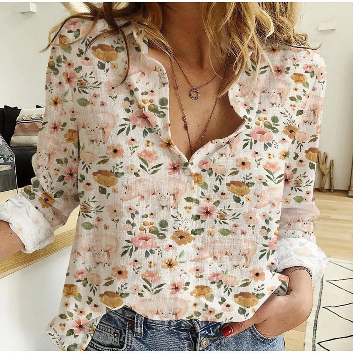 Baby Pig Women's Casual Shirt – Watercolor Pig Floral Botanical Long Sleeve Button Down | Pig Mom Gift