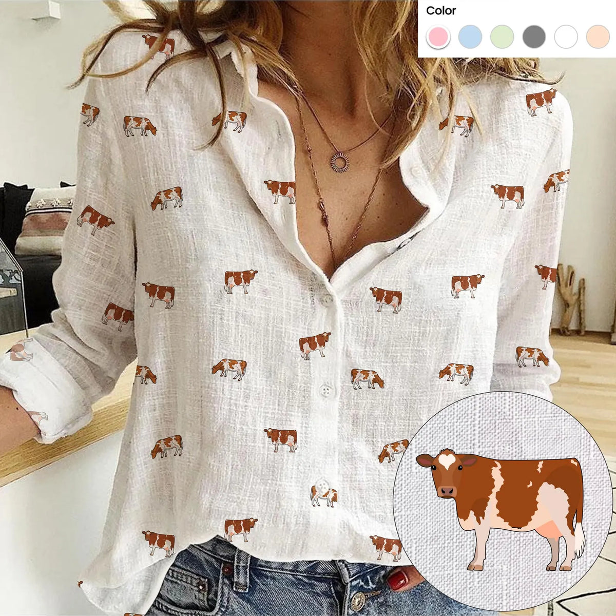 Guernsey Cow Icon Pattern Women Casual Shirts For Farmers
