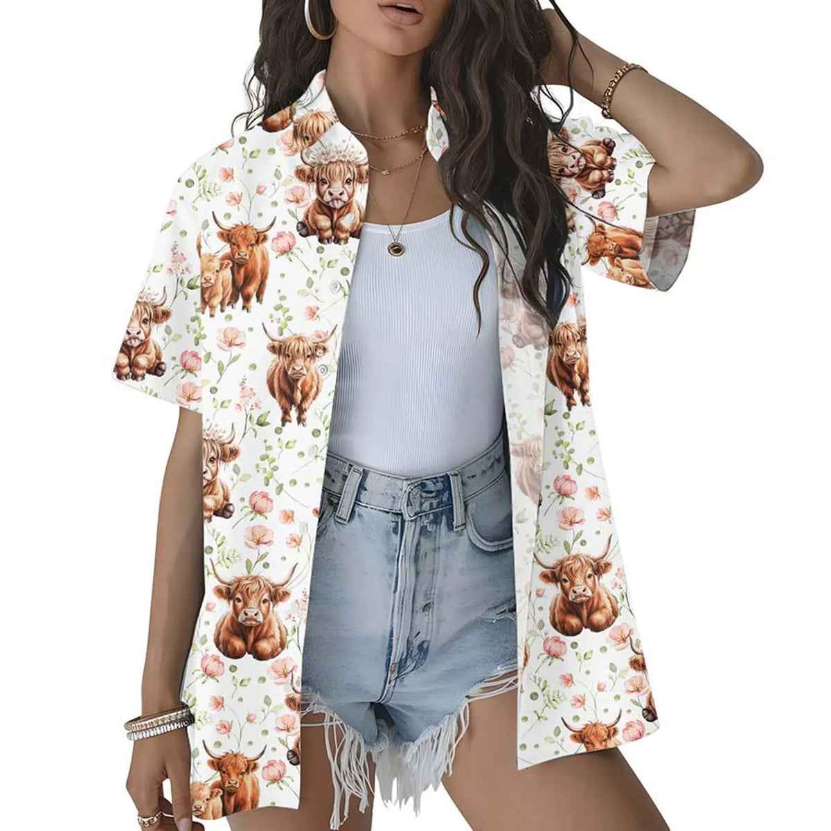 Baby Highland Cow Hawaiian Shirt – Cute Watercolor Floral Highland Cow Aloha Button Down | Highland Cow Mom Gift