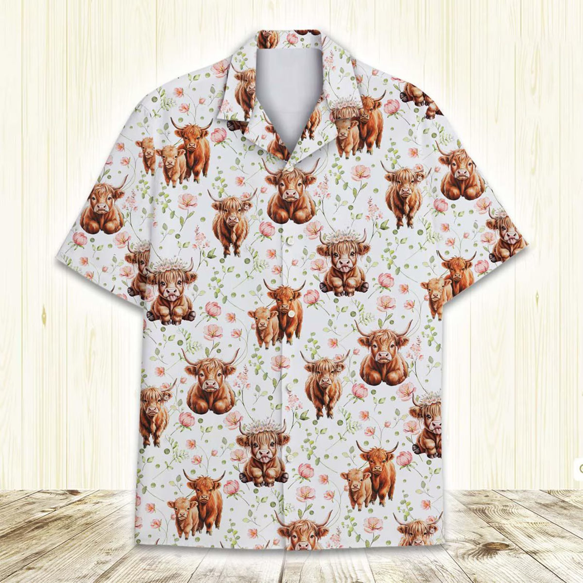 Baby Highland Cow Hawaiian Shirt – Cute Watercolor Floral Highland Cow Aloha Button Down | Highland Cow Mom Gift