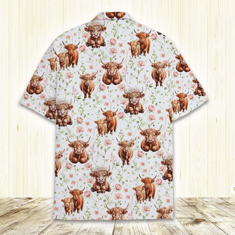 Baby Highland Cow Hawaiian Shirt – Cute Watercolor Floral Highland Cow Aloha Button Down | Highland Cow Mom Gift