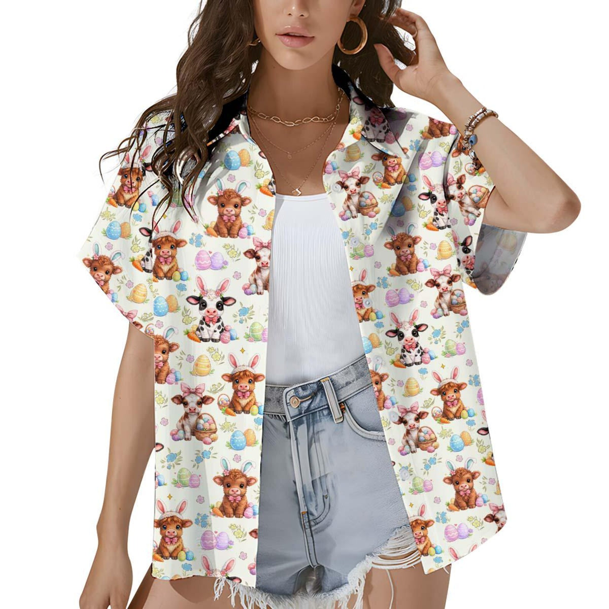 Easter Farm Hawaiian Shirt – Baby Highland Cow Pig Easter Eggs Bunny Ears Aloha | Easter Farm Gift Women
