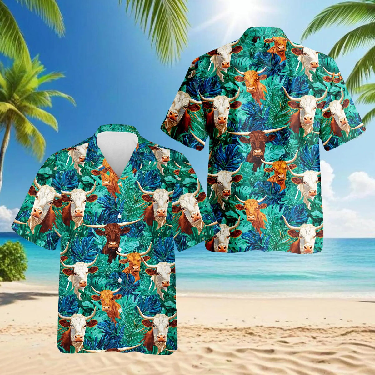 Texas Longhorn Cattle Tropical Hawaiian Shirt for Men - Western Ranch Cowboy Aloha Shirt