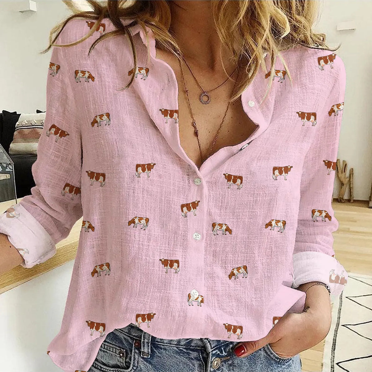 Guernsey Cow Icon Pattern Women Casual Shirts For Farmers