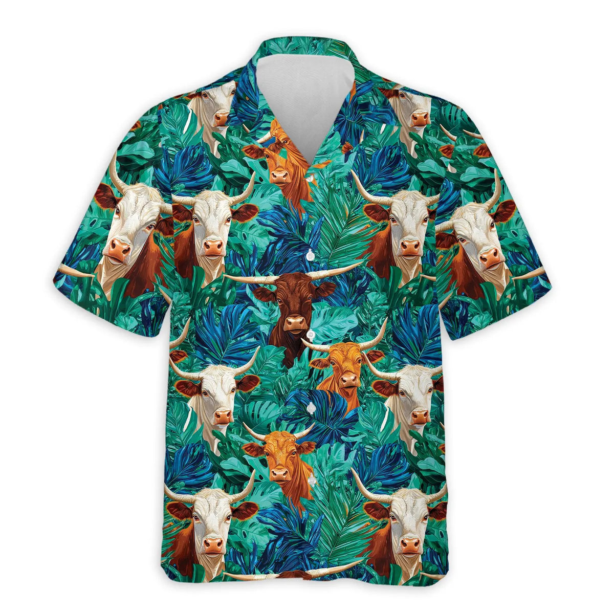Texas Longhorn Cattle Tropical Hawaiian Shirt for Men - Western Ranch Cowboy Aloha Shirt