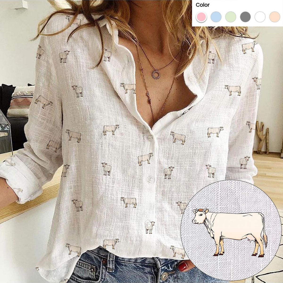 Charolais Cattle Icon Pattern Women Casual Shirts For Farmers