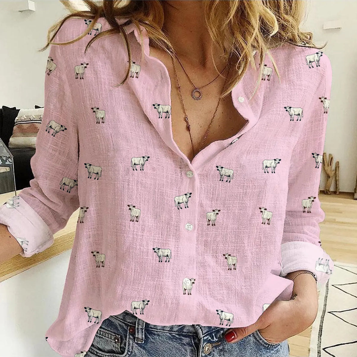 British White Cattle Pattern Women Casual Shirts For Farmers