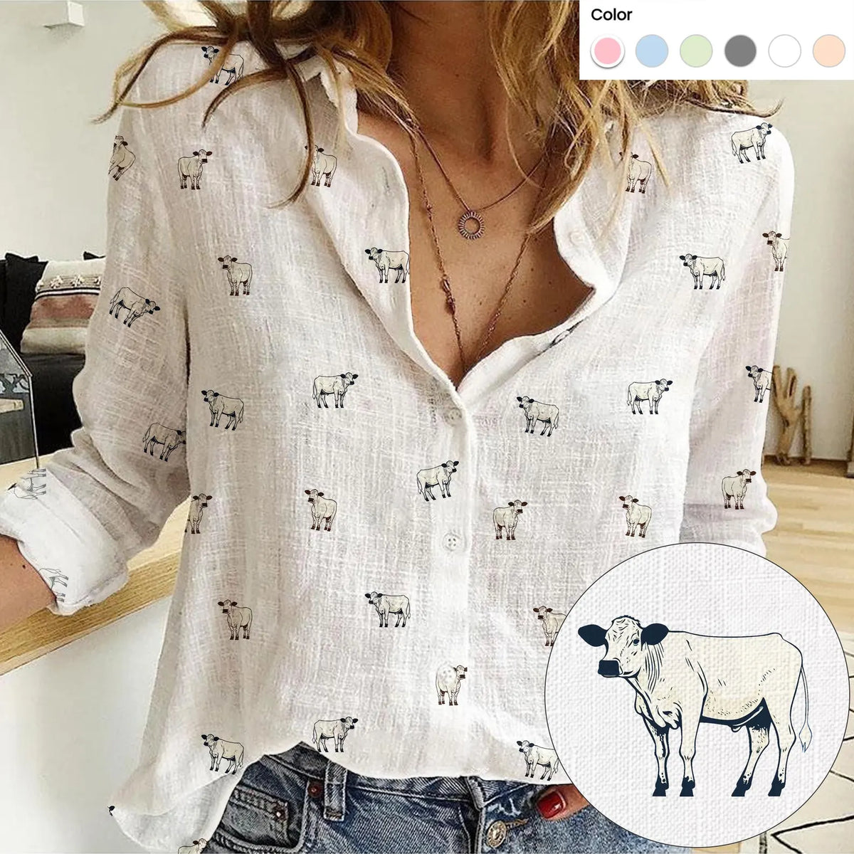 British White Cattle Pattern Women Casual Shirts For Farmers