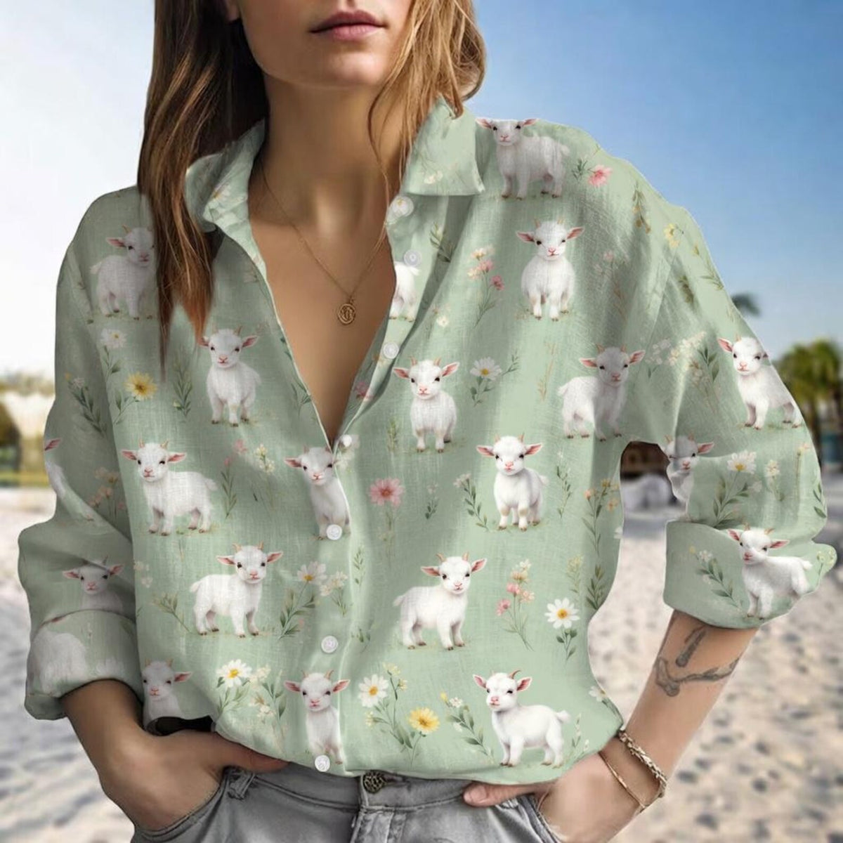 Baby Goat Women's Casual Shirt – Cute Baby Goat Sage Green Wildflower Long Sleeve Button Down | Goat Mom Gift