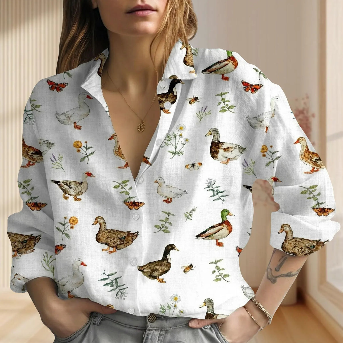 Duck Women's Casual Shirt – Watercolor Duck Botanical Butterfly Long Sleeve Button Down | Duck Lover Gift