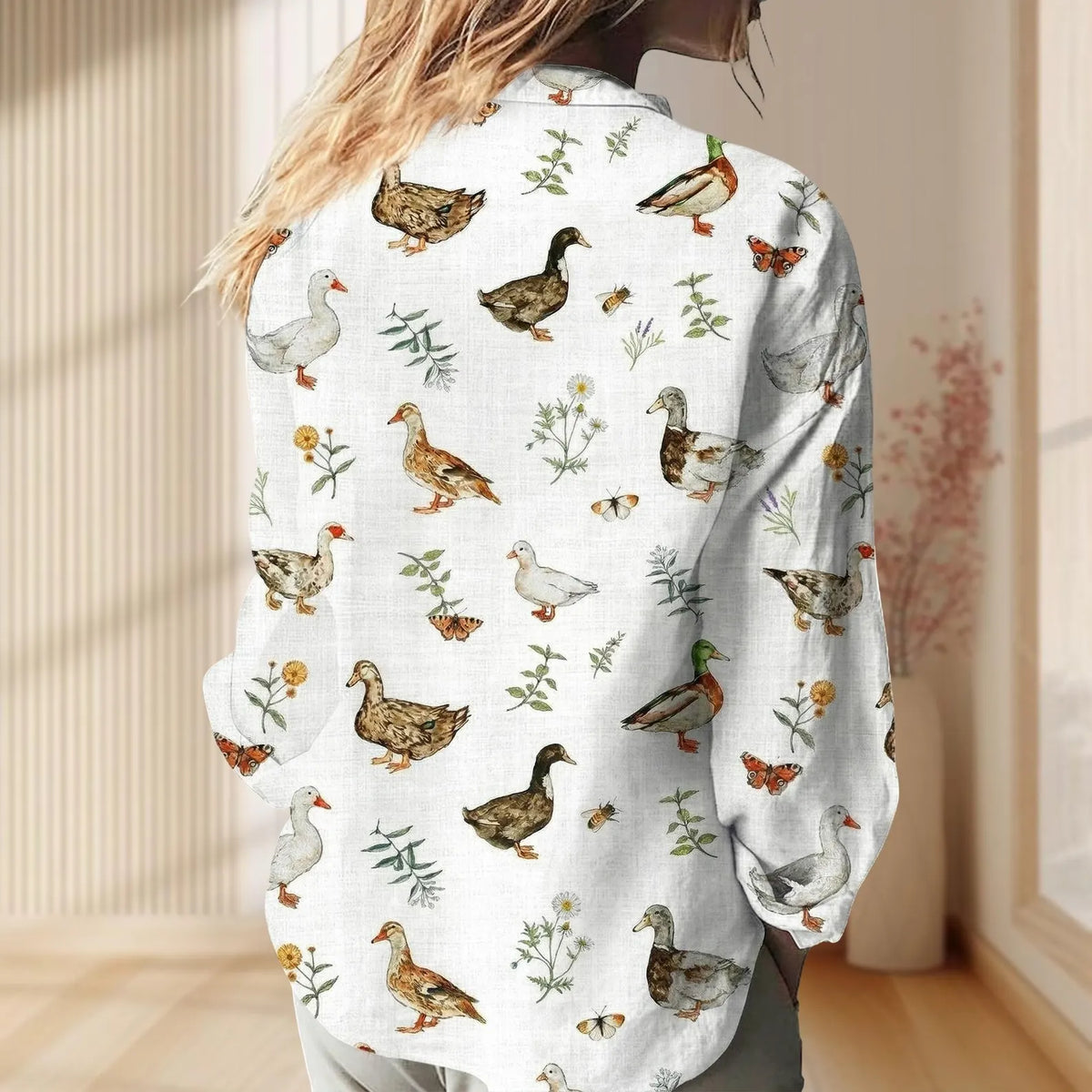 Duck Women's Casual Shirt – Watercolor Duck Botanical Butterfly Long Sleeve Button Down | Duck Lover Gift