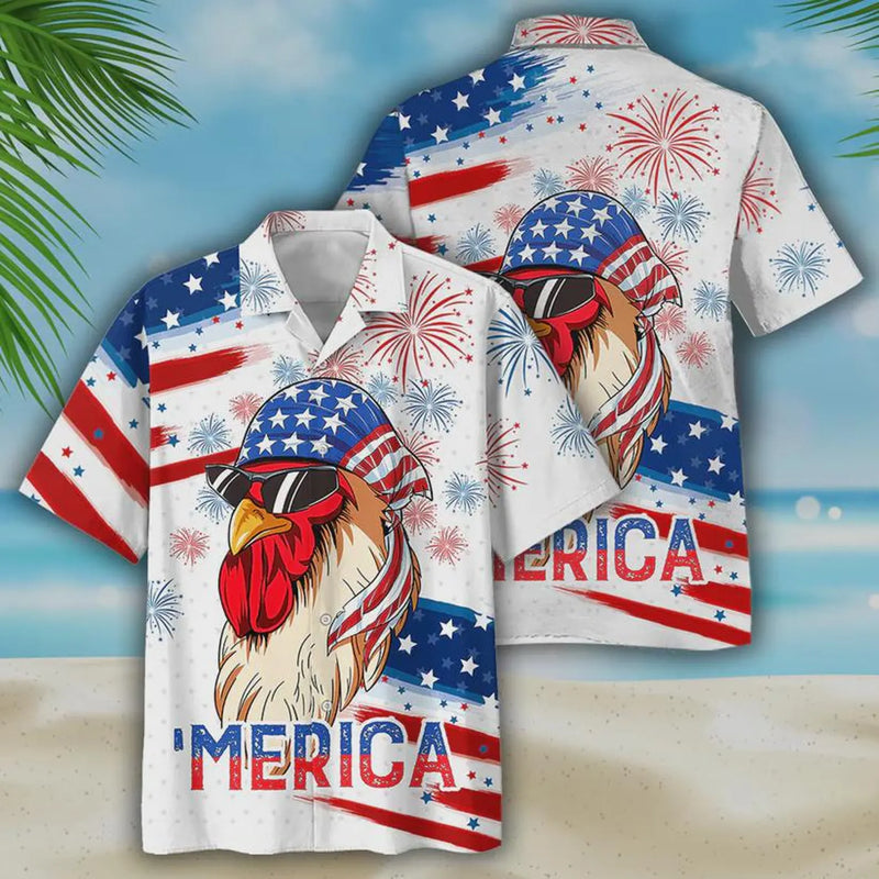 Merica Rooster American Flag Hawaiian Shirt for Men - 4th of July Patriotic USA Chicken Shirt