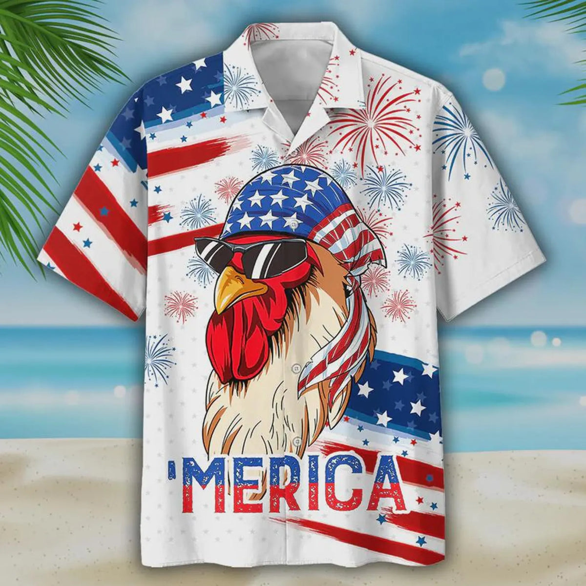 Merica Rooster American Flag Hawaiian Shirt for Men - 4th of July Patriotic USA Chicken Shirt