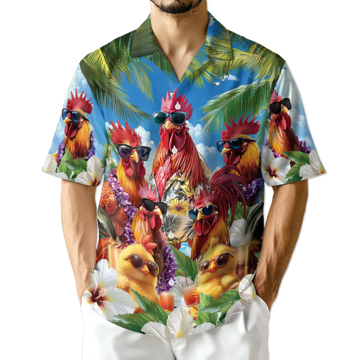 Funny Rooster Sunglasses Tropical Hawaiian Shirt for Men - Cool Chicken Beach Aloha Shirt