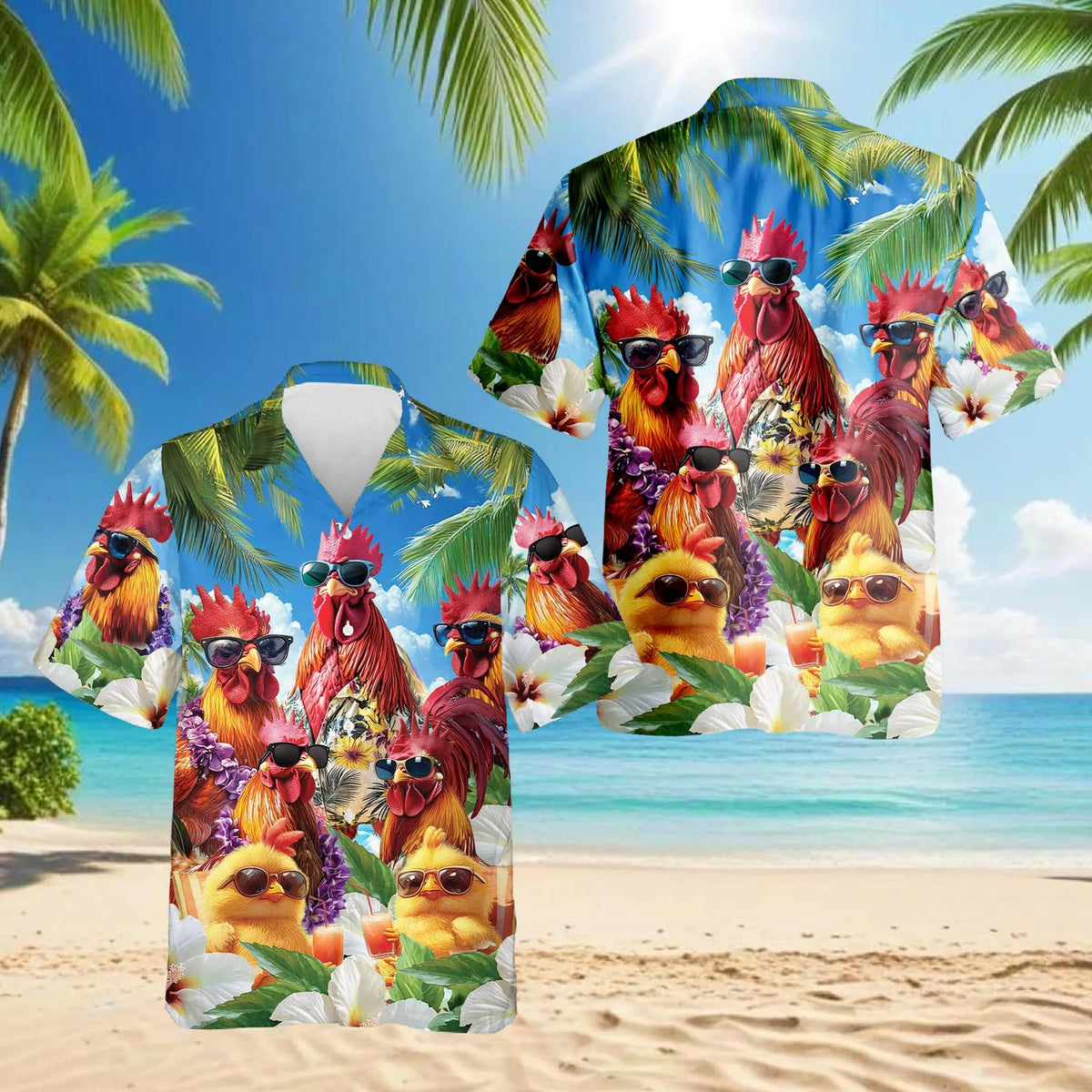 Funny Rooster Sunglasses Tropical Hawaiian Shirt for Men - Cool Chicken Beach Aloha Shirt