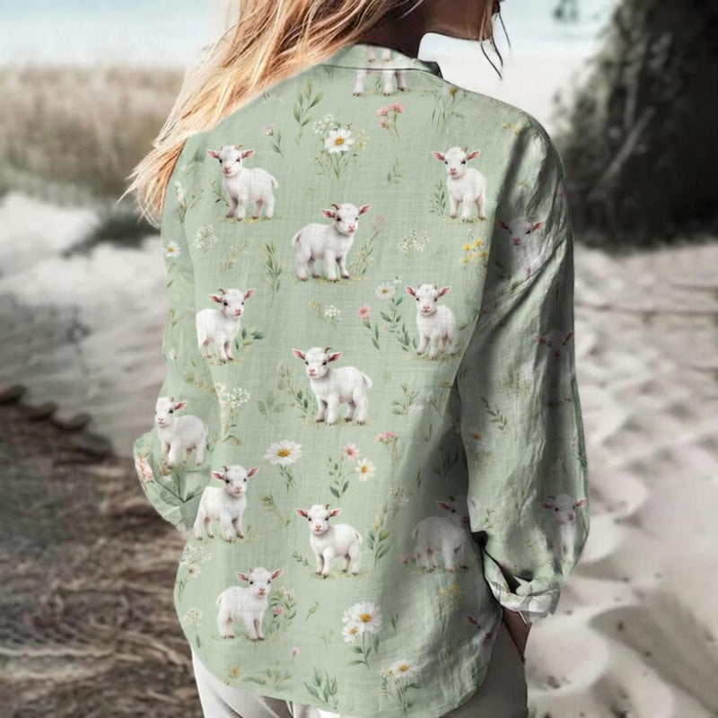 Baby Goat Women's Casual Shirt – Cute Baby Goat Sage Green Wildflower Long Sleeve Button Down | Goat Mom Gift