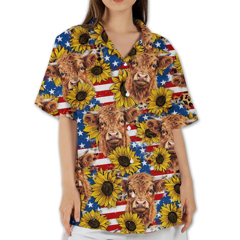 Highland Cow Sunflower American Flag Hawaiian Shirt for Women - Patriotic Country Farm Aloha Shirt