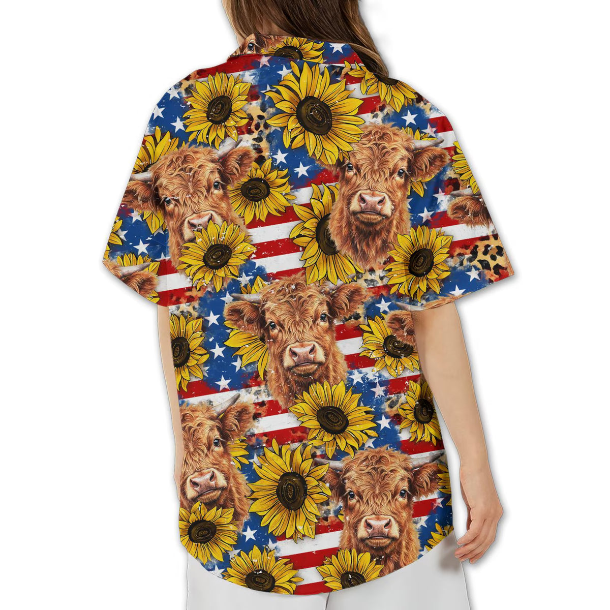 Highland Cow Sunflower American Flag Hawaiian Shirt for Women - Patriotic Country Farm Aloha Shirt