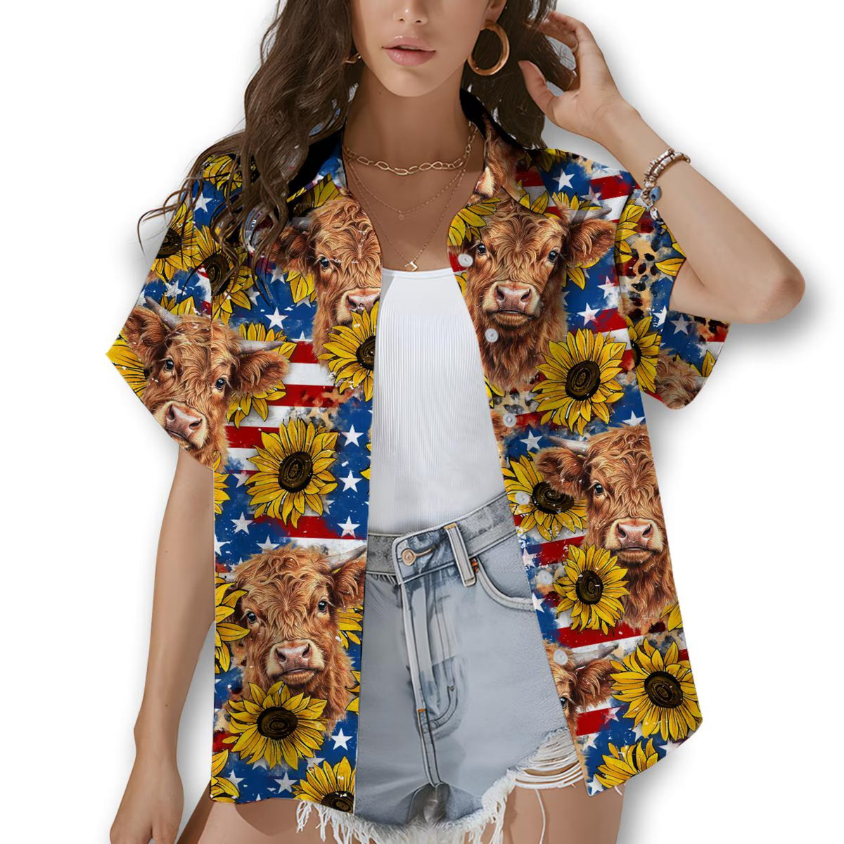 Highland Cow Sunflower American Flag Hawaiian Shirt for Women - Patriotic Country Farm Aloha Shirt