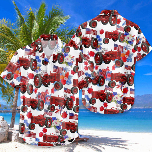 Red Tractor Hawaiian Shirt for Men, USA Patriotic American Flag Tropical Aloha Button-Up Summer Shirt, Farmer Gift
