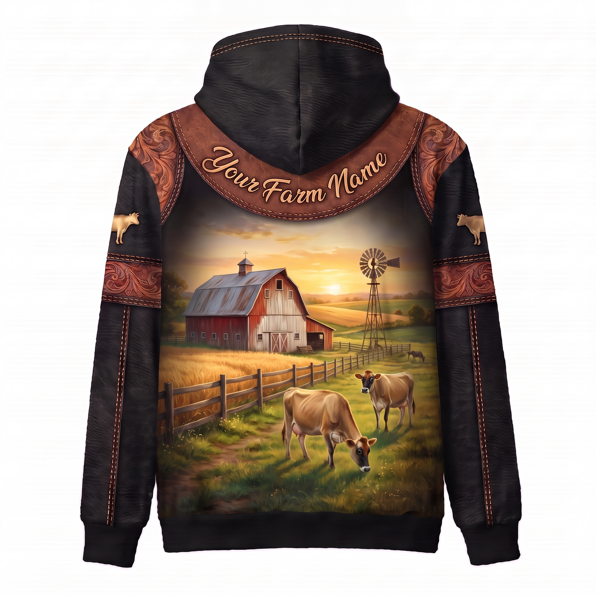 3D Print Jersey Cow Ranch Hoodie (Faux Leather Design) - Custom Name & Farm Name Western Style Hoodie