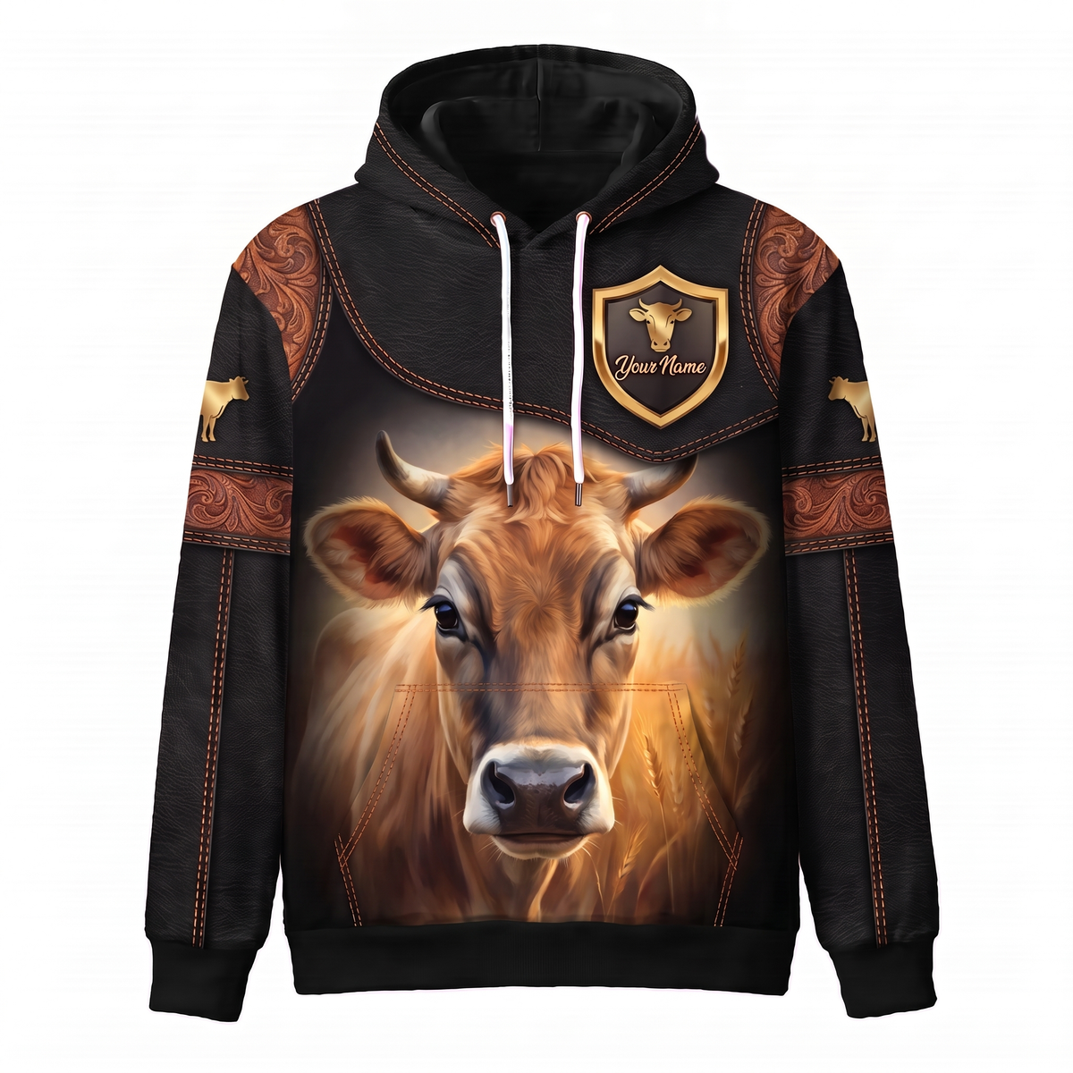 3D Print Jersey Cow Ranch Hoodie (Faux Leather Design) - Custom Name & Farm Name Western Style Hoodie