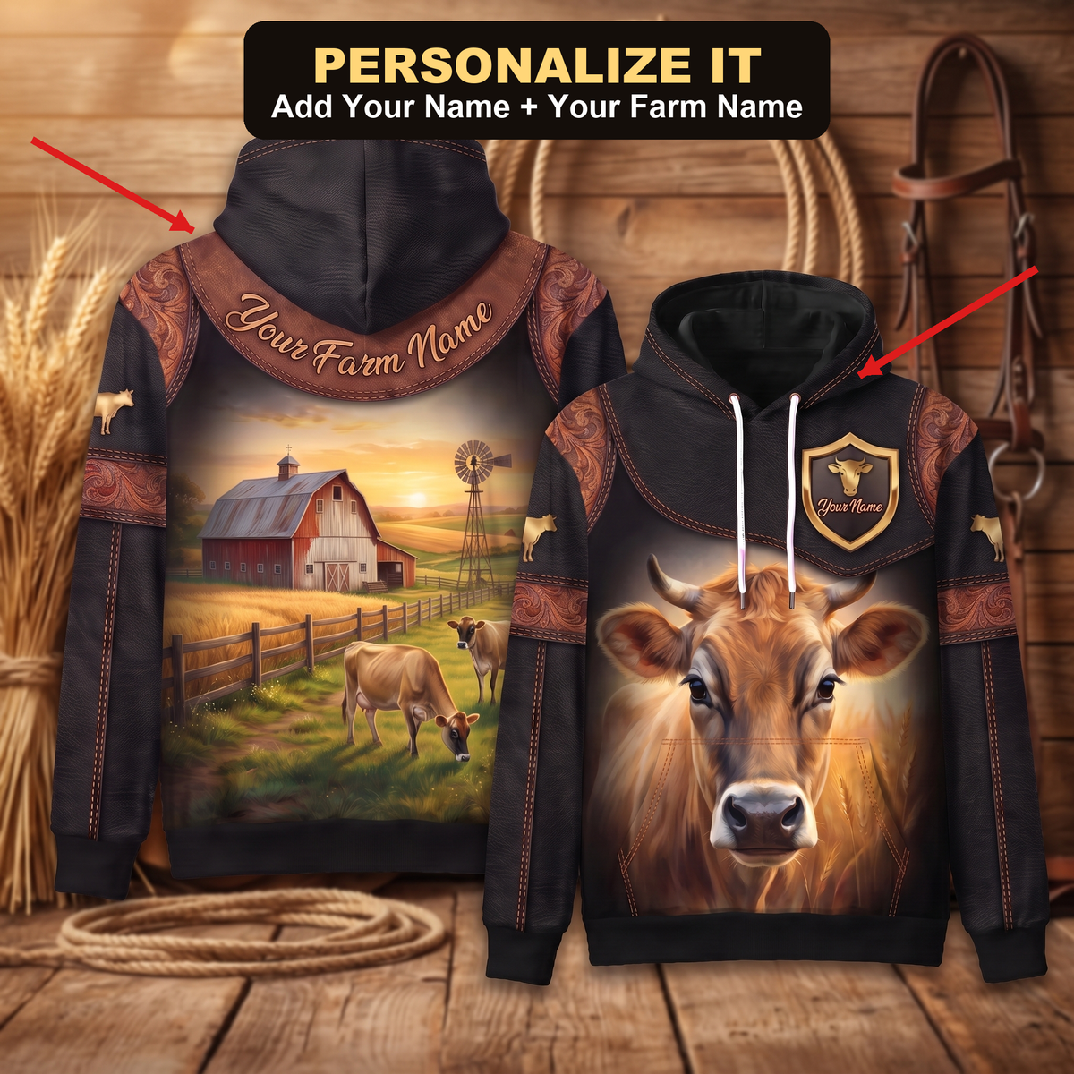3D Print Jersey Cow Ranch Hoodie (Faux Leather Design) - Custom Name & Farm Name Western Style Hoodie