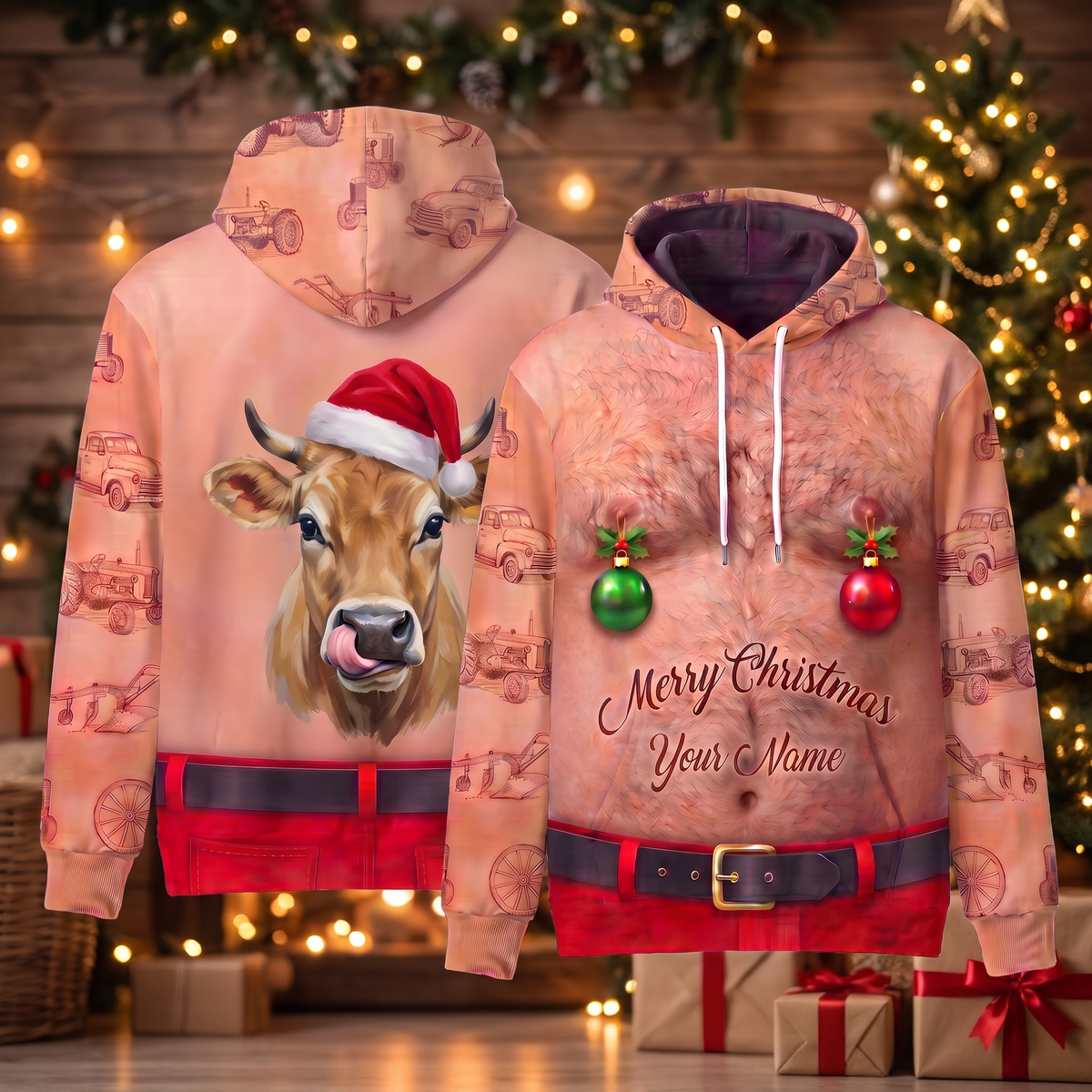 Funny Santa Jersey Cow Hairy Belly Hoodie - Custom Name Cow Christmas Hoodie