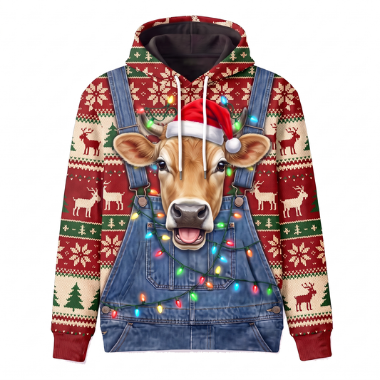 Funny Jersey Cow Christmas Hoodie - Overalls Ugly Sweater Print